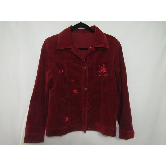 Malianlu Red Corduroy Jacket L Embroidered Roses Button Front Retro - Picture 1 of 6
